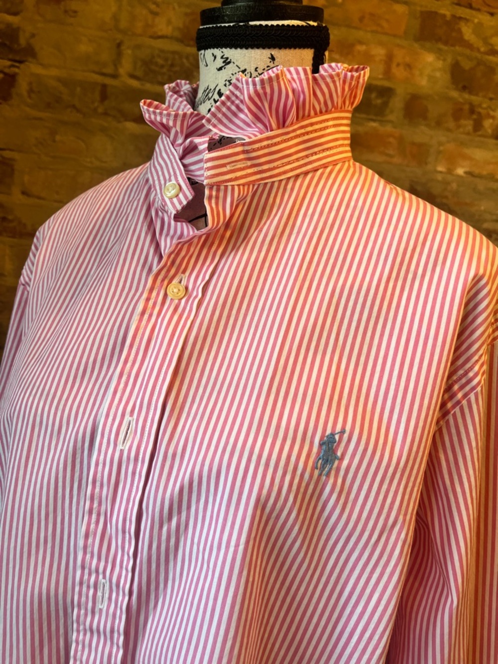 Custom Ralph Lauren Pink and White Striped Ruffle-Collar with raw hem